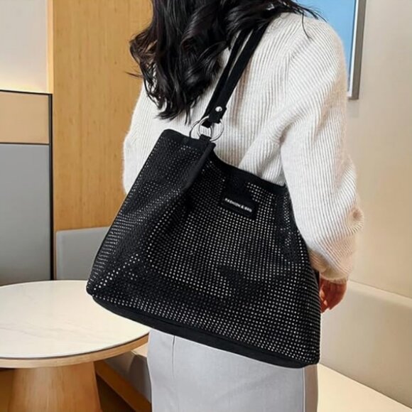 NWOT - Sparkly Rhinestone Black Velvet Hobo Shoulder Bag Tote Purse - Picture 2 of 7